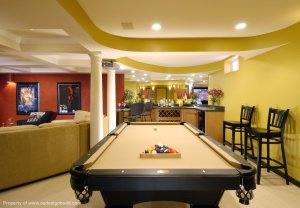 Custom Design and Remodeling, Finished basement with Home Theater, Wet Bar, Pool Table, Play Room, Lighting, Foyer, Hidden Speakers, Ceiling Design, Interior Design, Bold Colors, Germantown, Gaithersburg, Rockville, Potomac, Bethesda, Chevy Chase, Silver Spring, Washington DC,