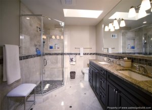 Master Bathroom Design and Remodeling, Marble and Granite Tile and Counter Top, Double Sink, Corner Shower, Sky Light, Lighting, Silver Spring, Rockville, Potomac, Bethesda, Washington DC, Grohe Faucet