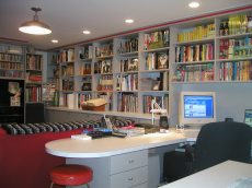 Film Critic's Home Office, Finished Basement Design and Remodeling, Film, Music and Books Library, Custom Shelves Book cases, Lighting, Home Theater, Rockville, Silver Spring
